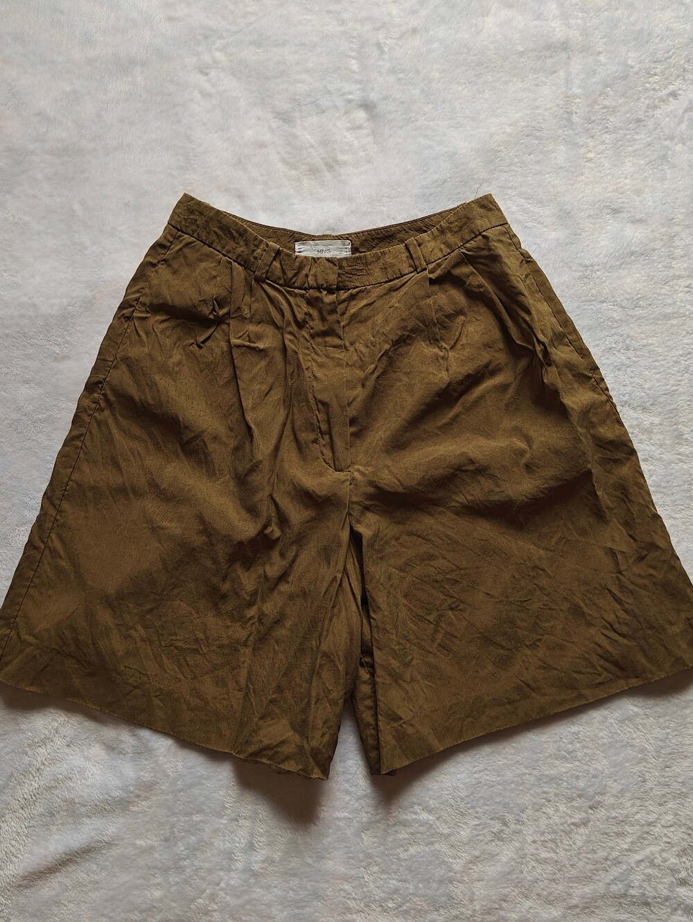 Mango Women's Green Pleated Chino Shorts, Cotton Twill, Size 6